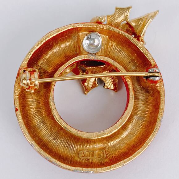 VTG Signed ART 60s Brooch Christmas Wreath Enamel Rhinestone Pin Nostalgic Retro - Picture 7 of 11